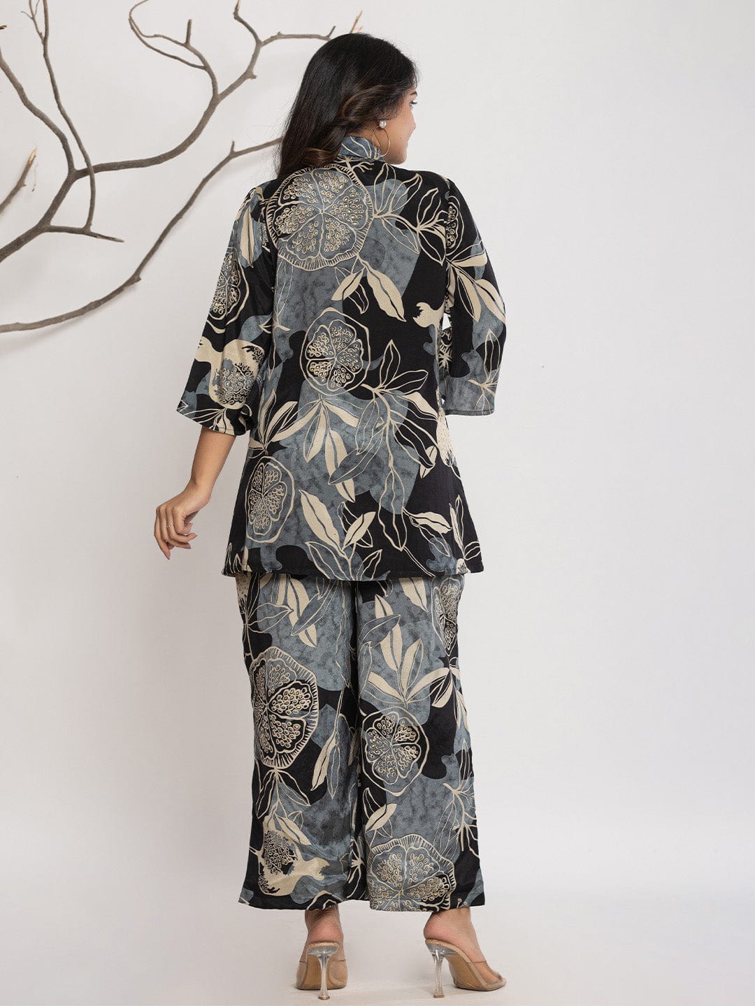 KSUT Women Floral Printed Front Placket Shirt with Flared Palazzo