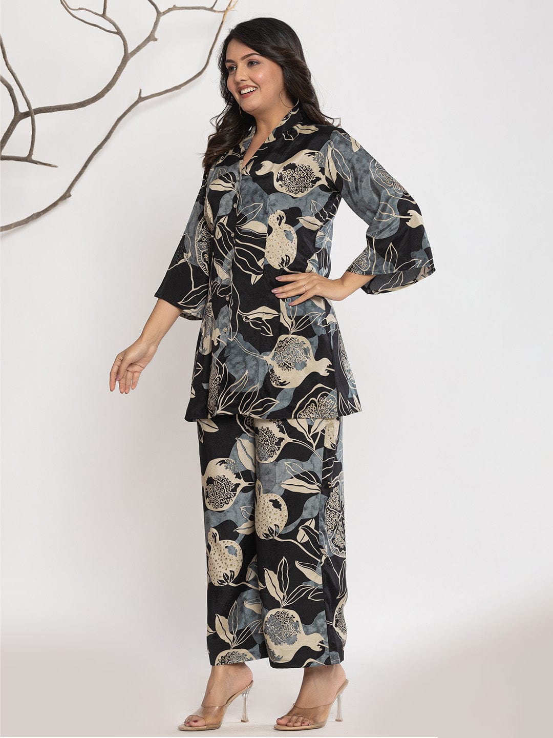 KSUT Women Floral Printed Front Placket Shirt with Flared Palazzo