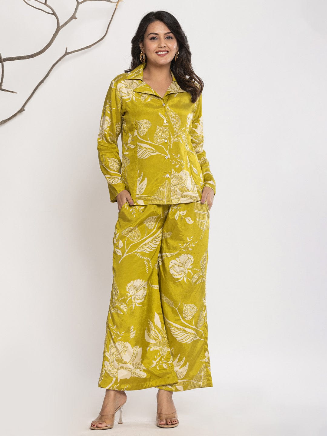 KSUT Women Floral Printed Front Placket Shirt with Flared Palazzo