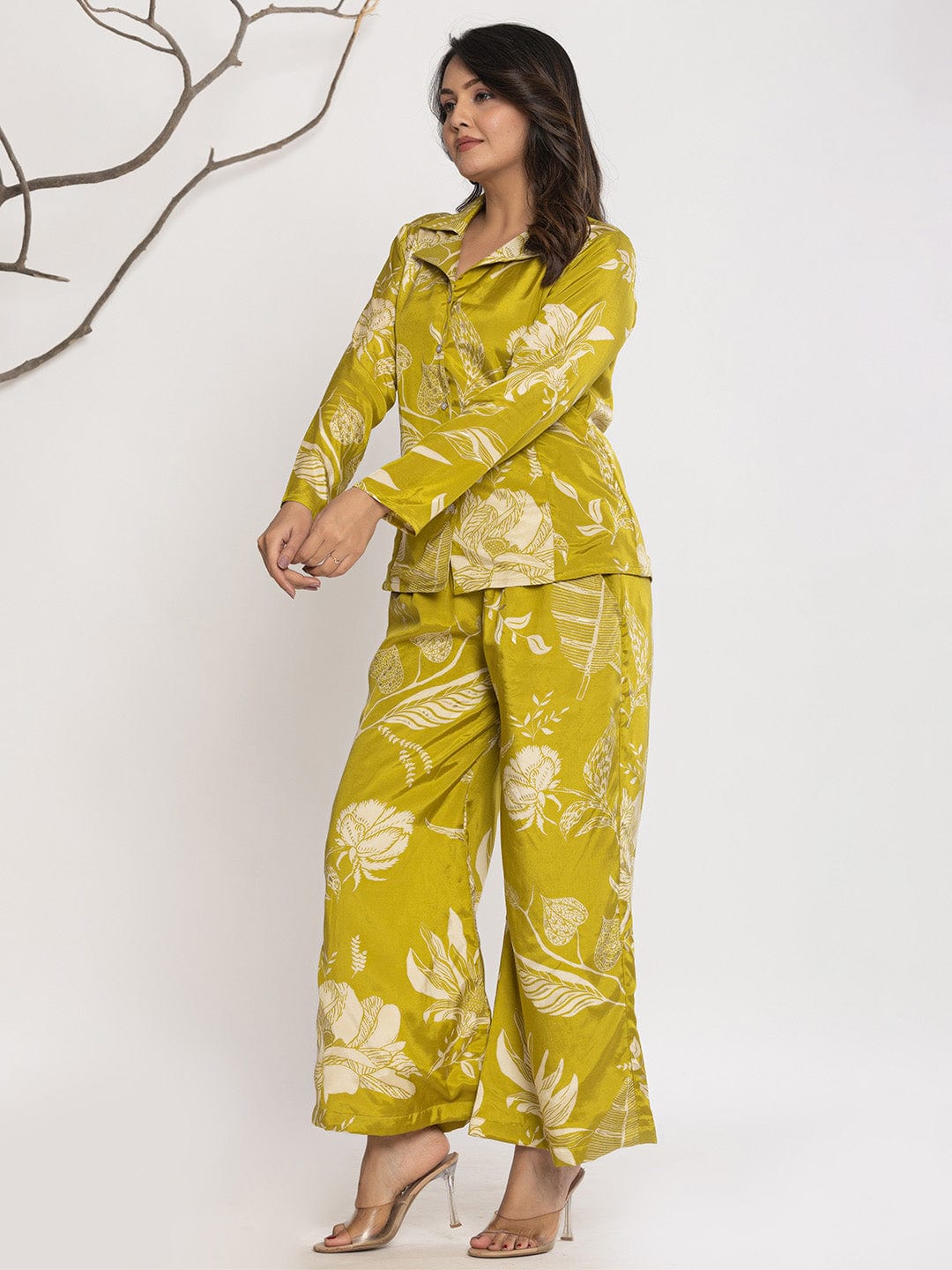 KSUT Women Floral Printed Front Placket Shirt with Flared Palazzo