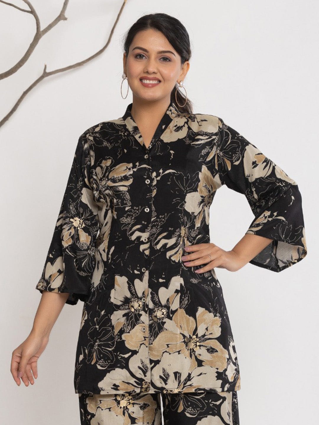 KSUT Women Floral Printed Front Placket Shirt with Flared Palazzo