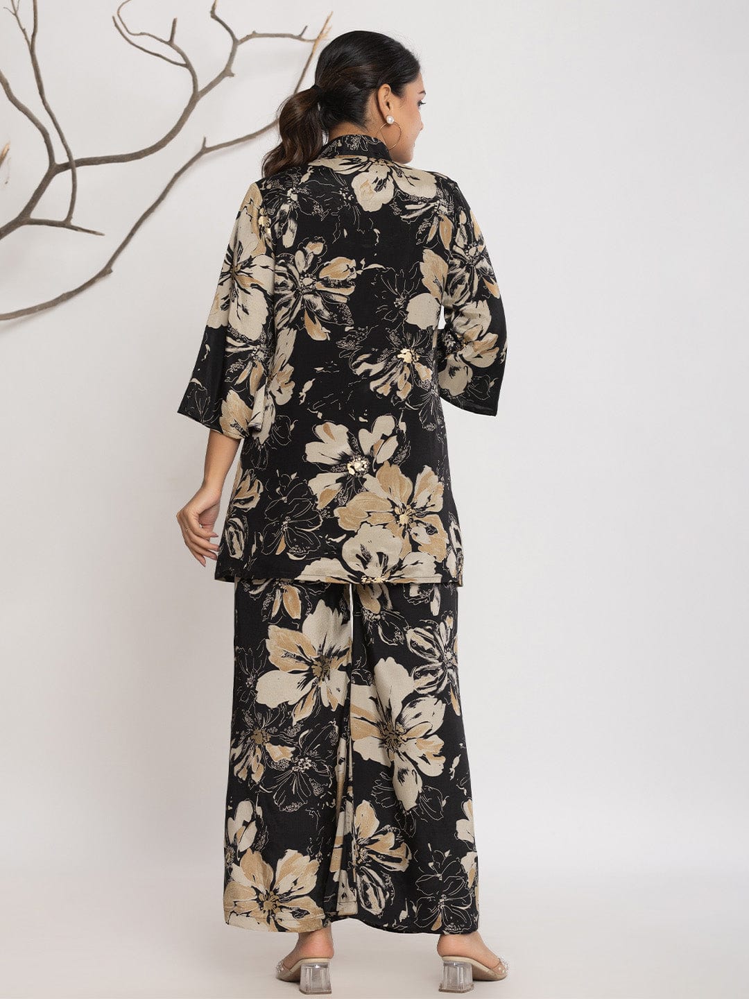 KSUT Women Floral Printed Front Placket Shirt with Flared Palazzo