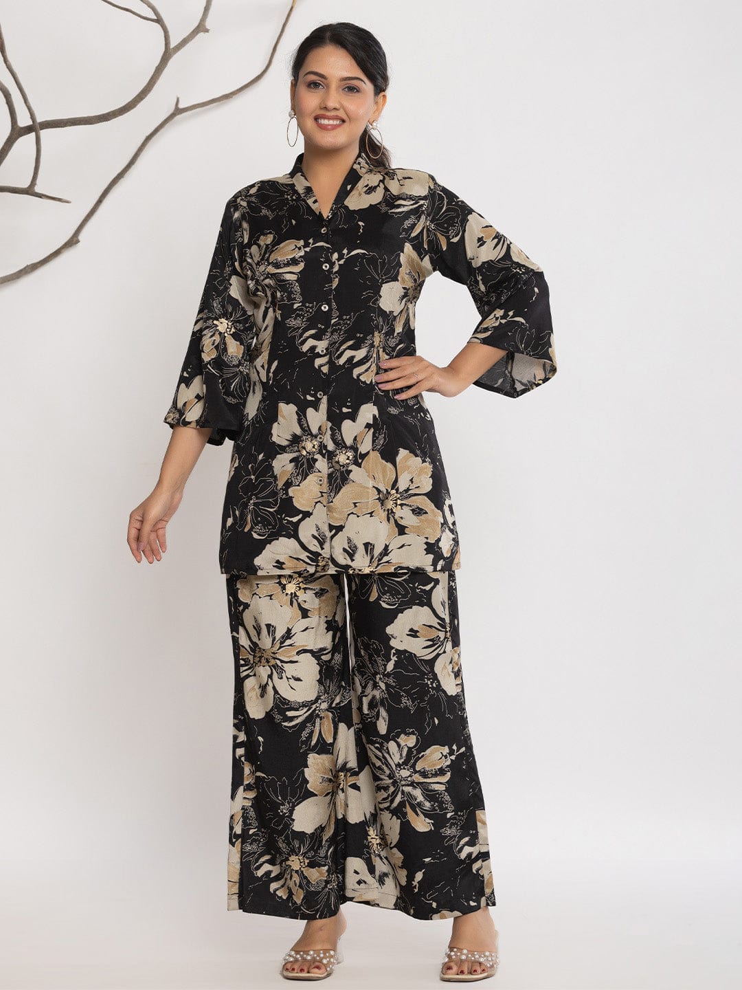 KSUT Women Floral Printed Front Placket Shirt with Flared Palazzo