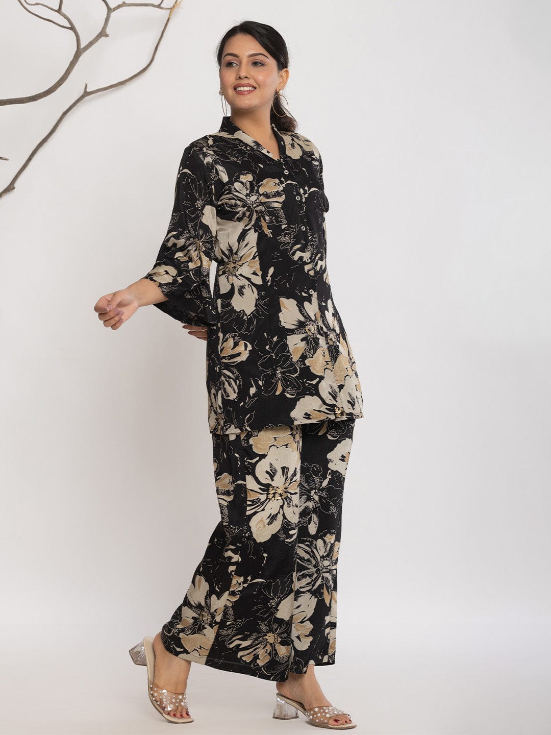 KSUT Women Floral Printed Front Placket Shirt with Flared Palazzo
