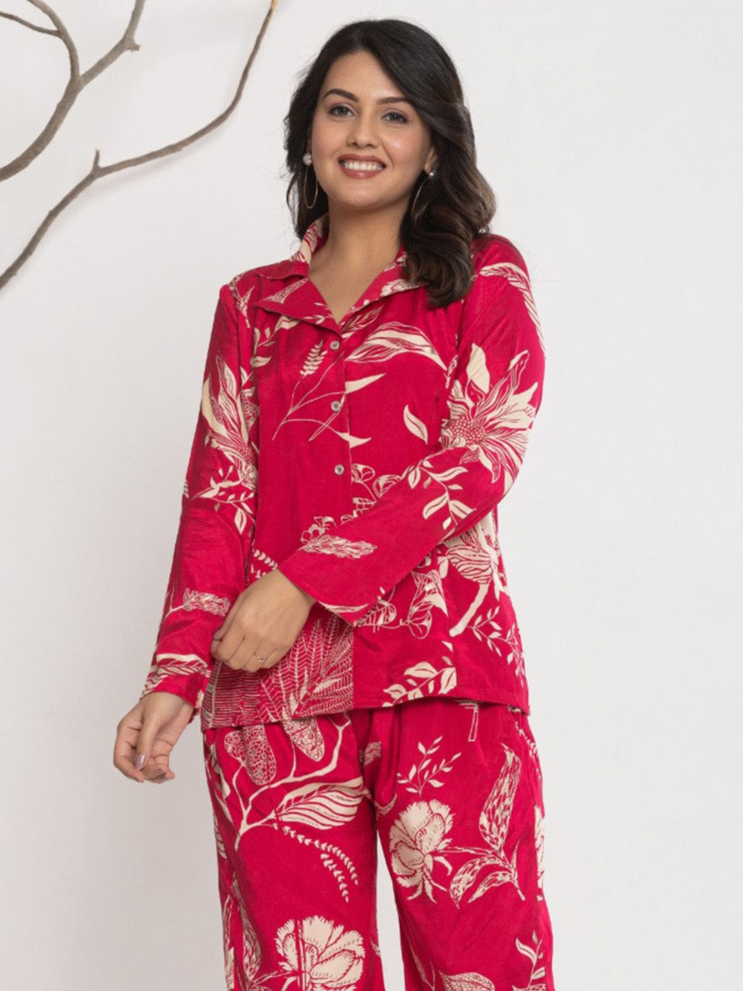 KSUT Women Floral Printed Front Placket Shirt with Flared Palazzo