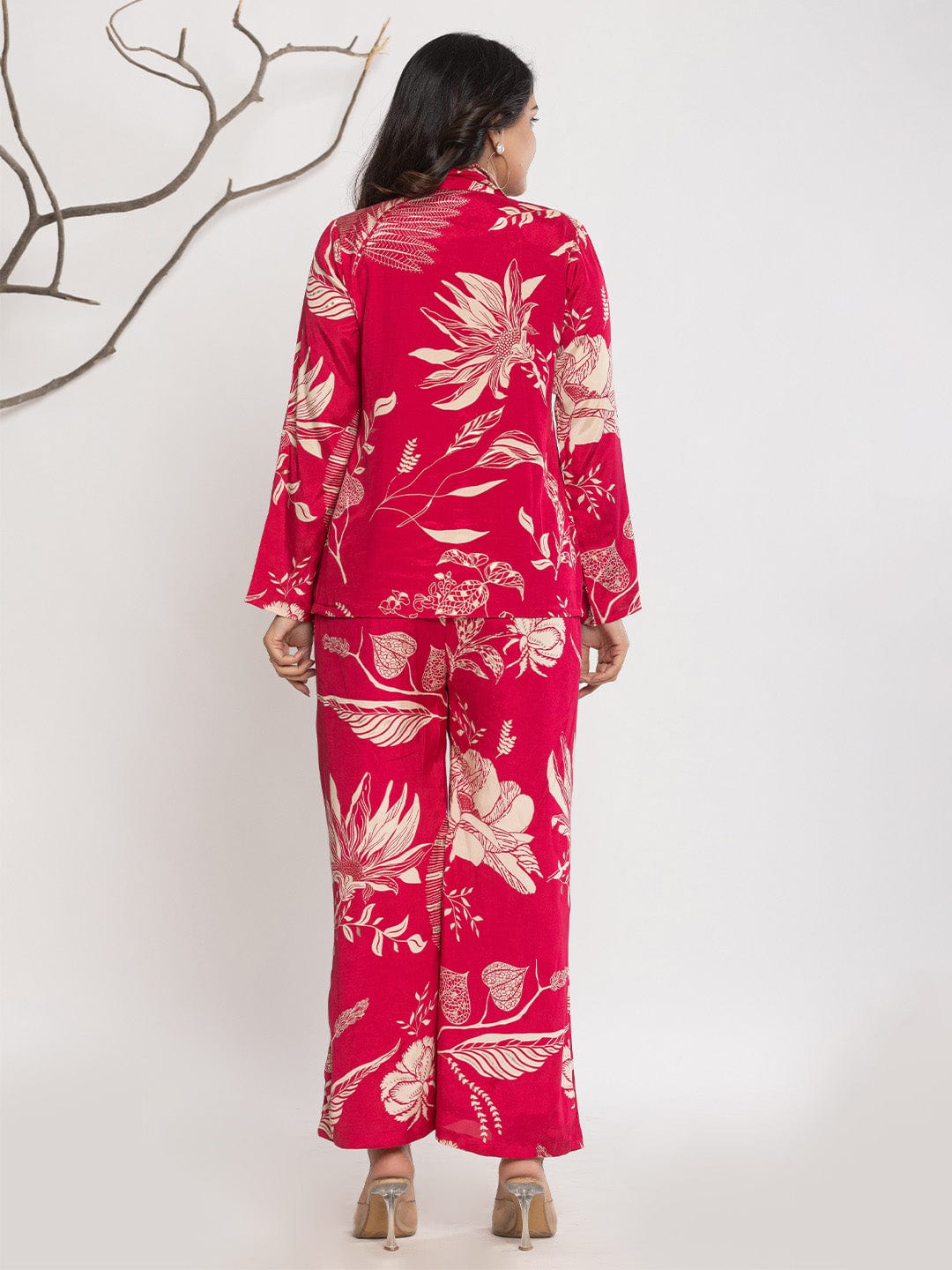 KSUT Women Floral Printed Front Placket Shirt with Flared Palazzo