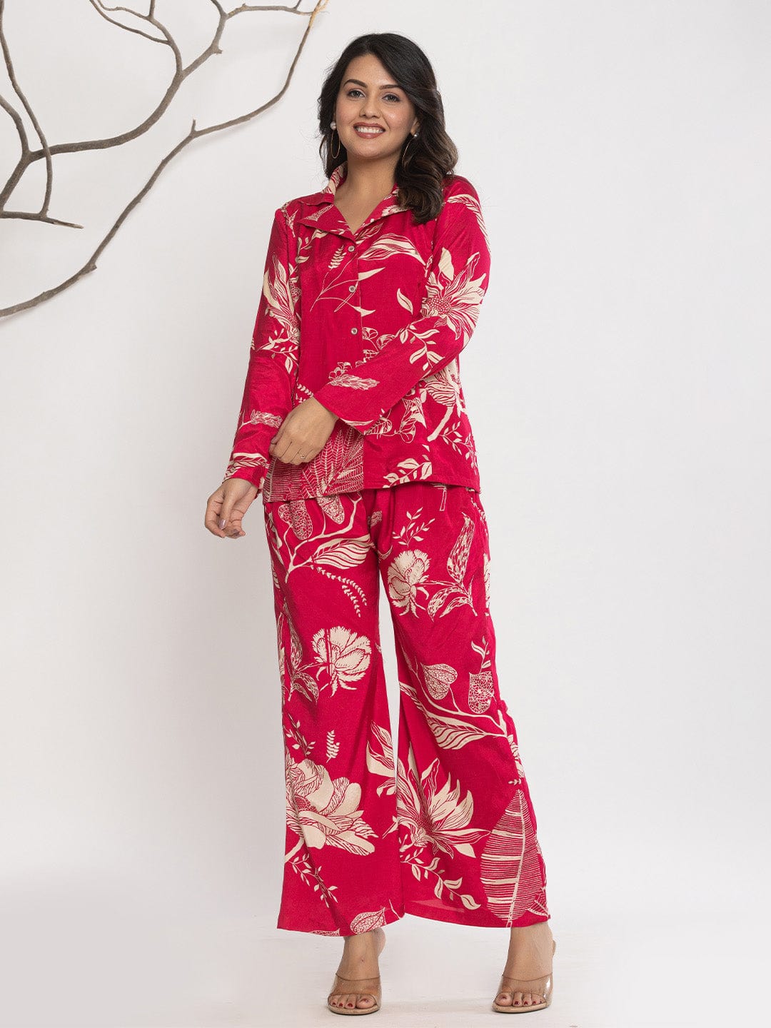KSUT Women Floral Printed Front Placket Shirt with Flared Palazzo