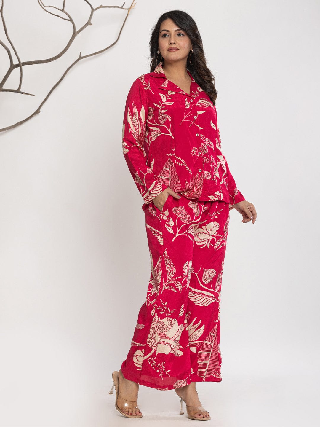 KSUT Women Floral Printed Front Placket Shirt with Flared Palazzo