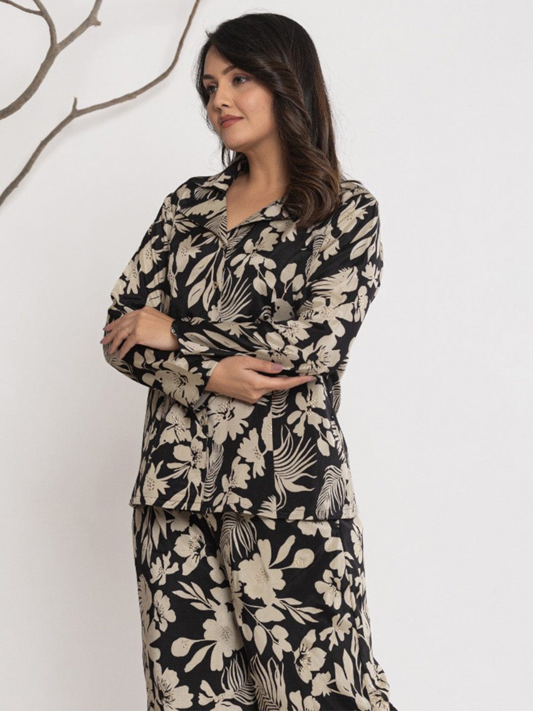 KSUT Women Floral Printed Front Placket Shirt with Flared Palazzo