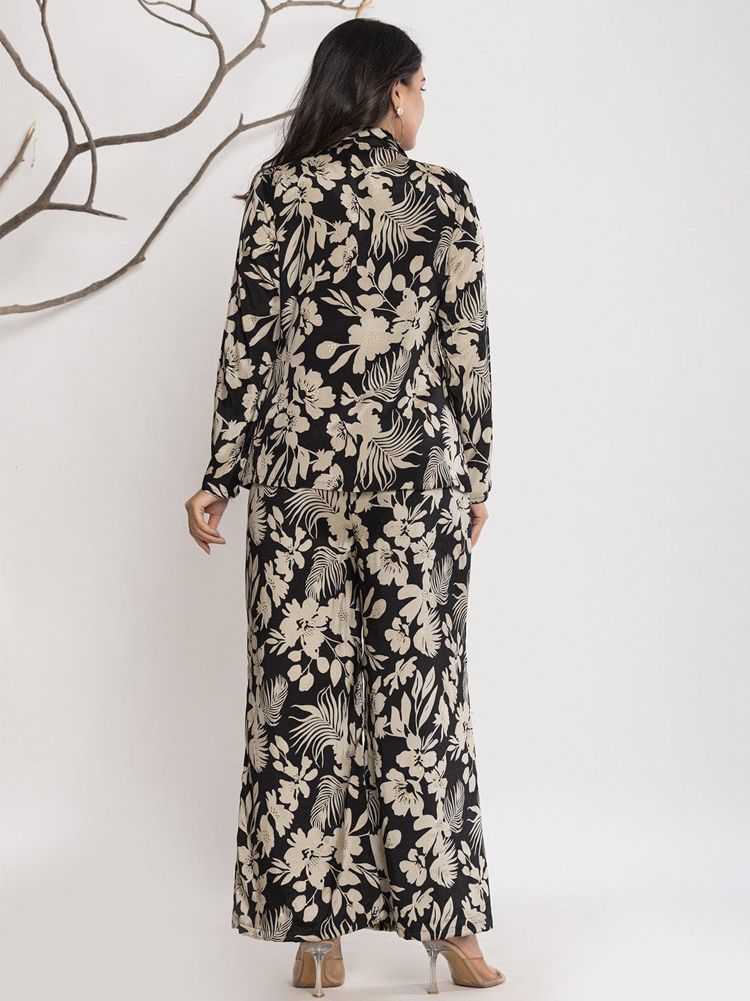 KSUT Women Floral Printed Front Placket Shirt with Flared Palazzo