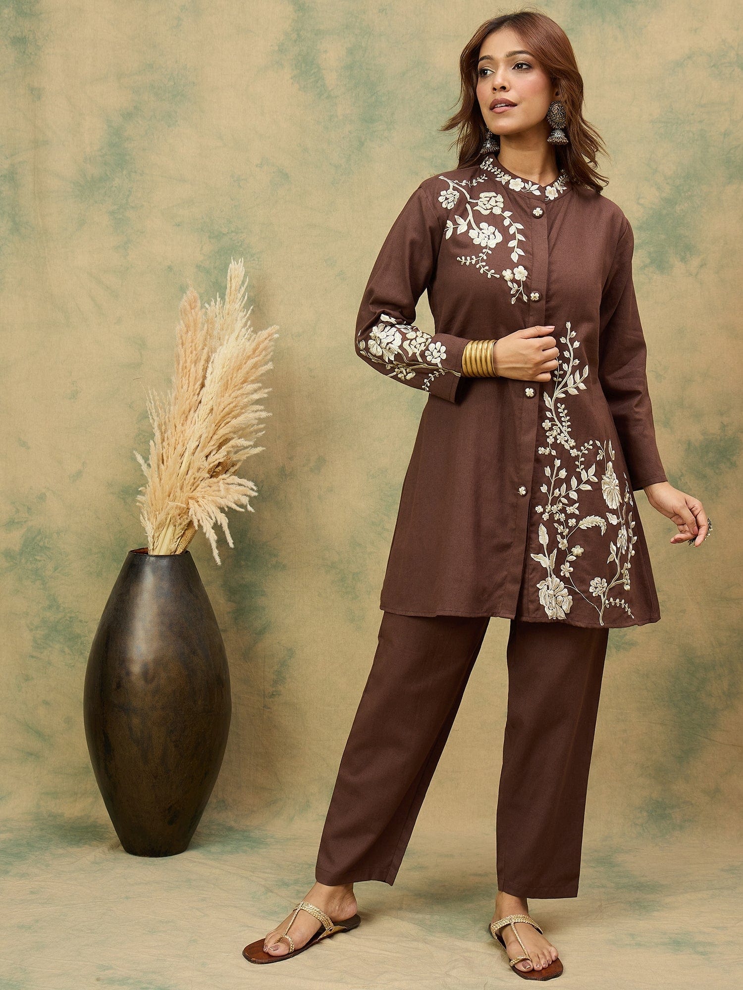 KSUT Women Elegant Brown Co-Ord Set Featuring Thread Embroidery , Paired With Ankle-Length Trousers For A Chic, Coordinated Look.