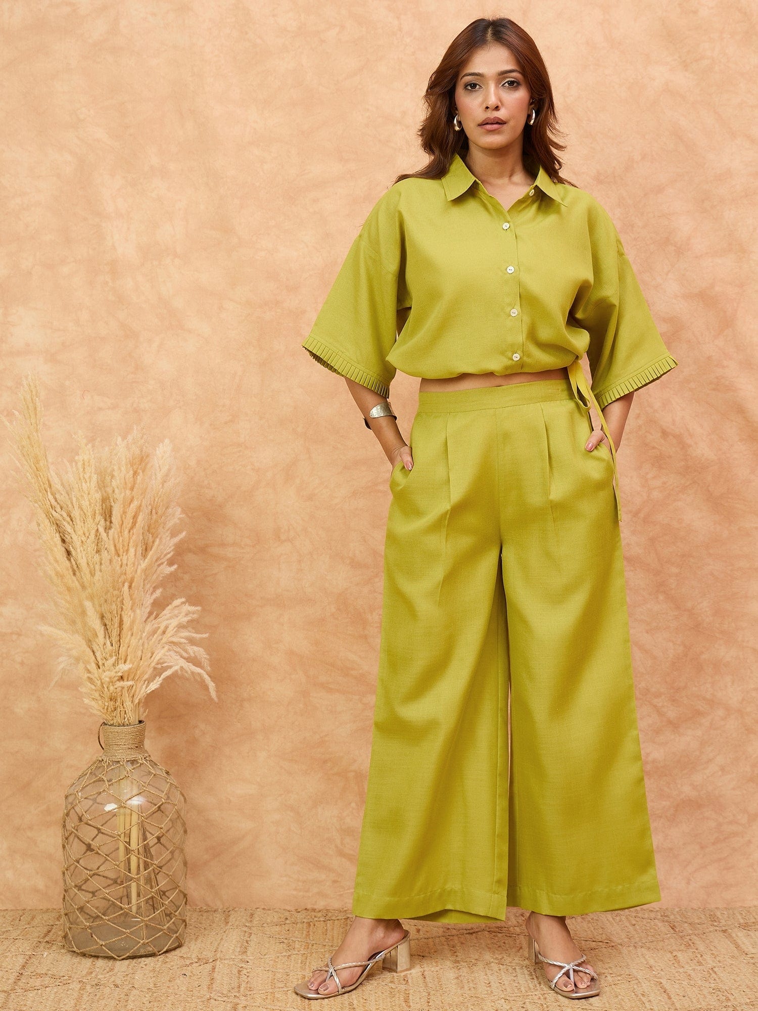 The Kurti Collection Women Solid Co Ords Set With A Drawstring Crop Shirt And Easy Fit Trouser . Simple , Sleek , Statement.