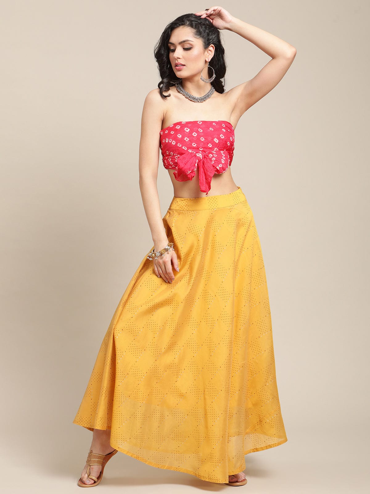 The Kurti Collection Women Mustard Yellow Printed Pure Silk Flared Maxi-Skirt
