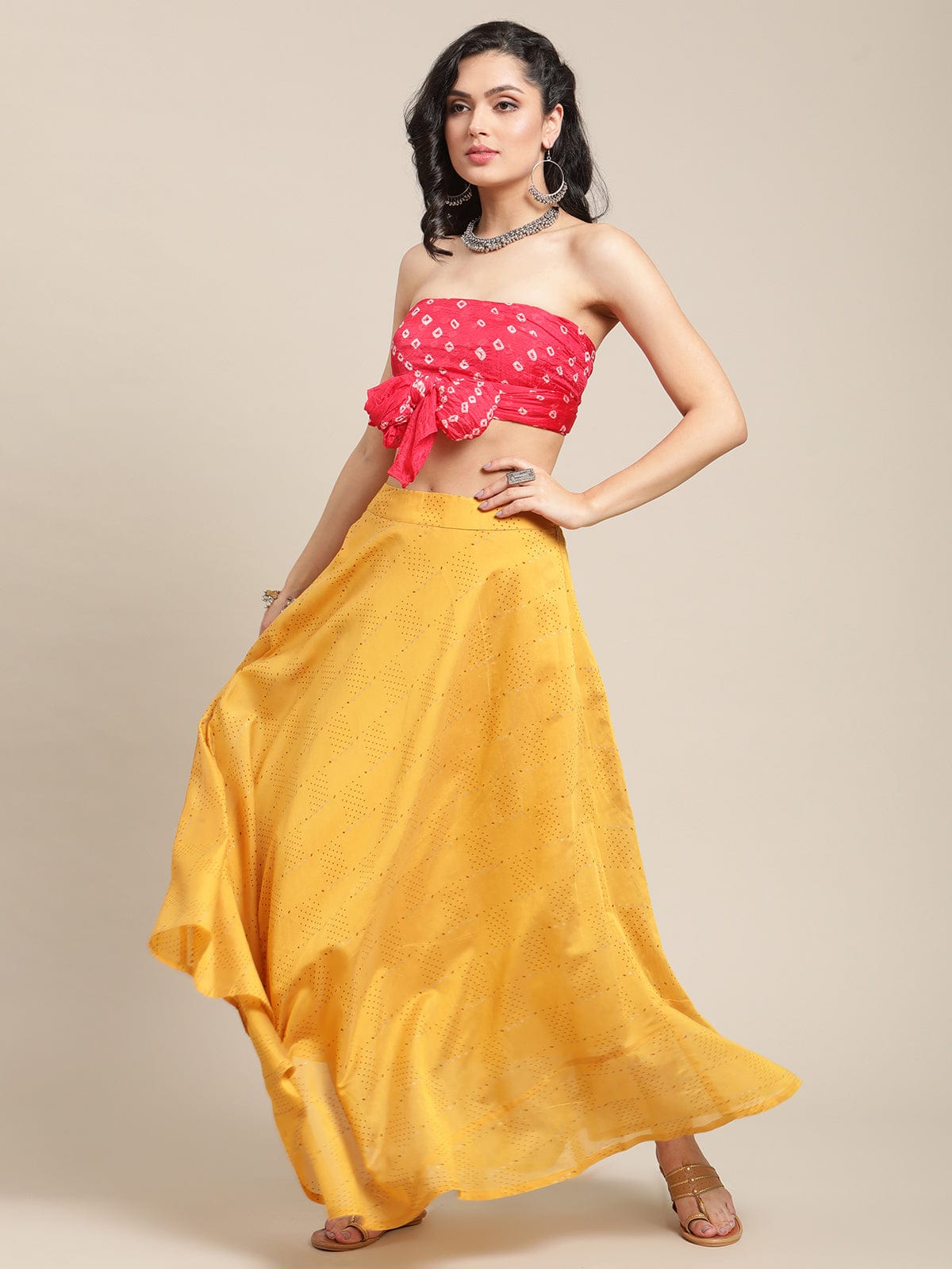 The Kurti Collection Women Mustard Yellow Printed Pure Silk Flared Maxi-Skirt