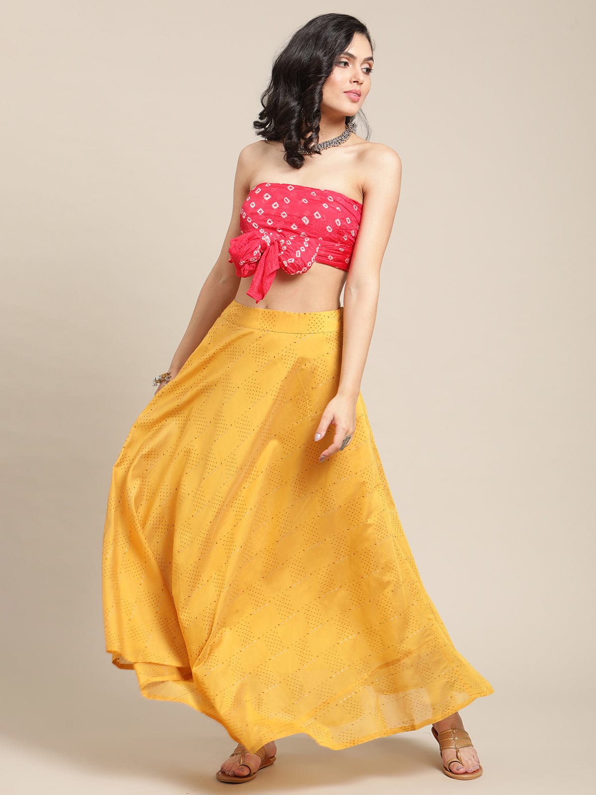 The Kurti Collection Women Mustard Yellow Printed Pure Silk Flared Maxi-Skirt