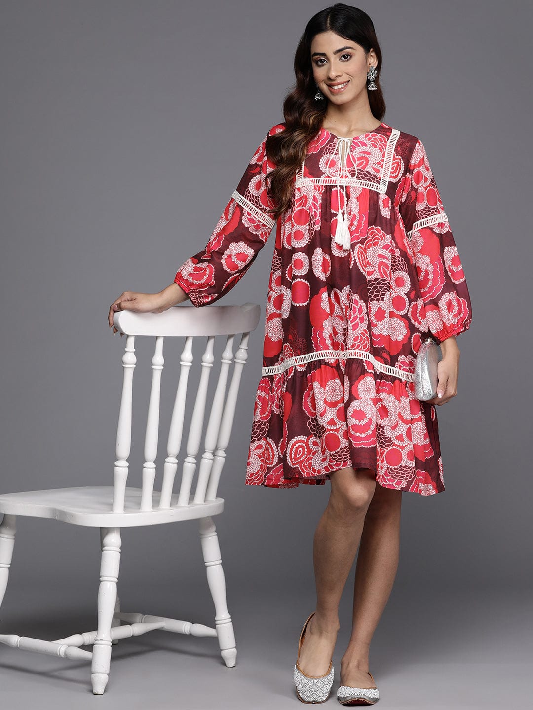 KSUT Women Maroon And Peach Floral Printed Lace Detail Tiered Dress