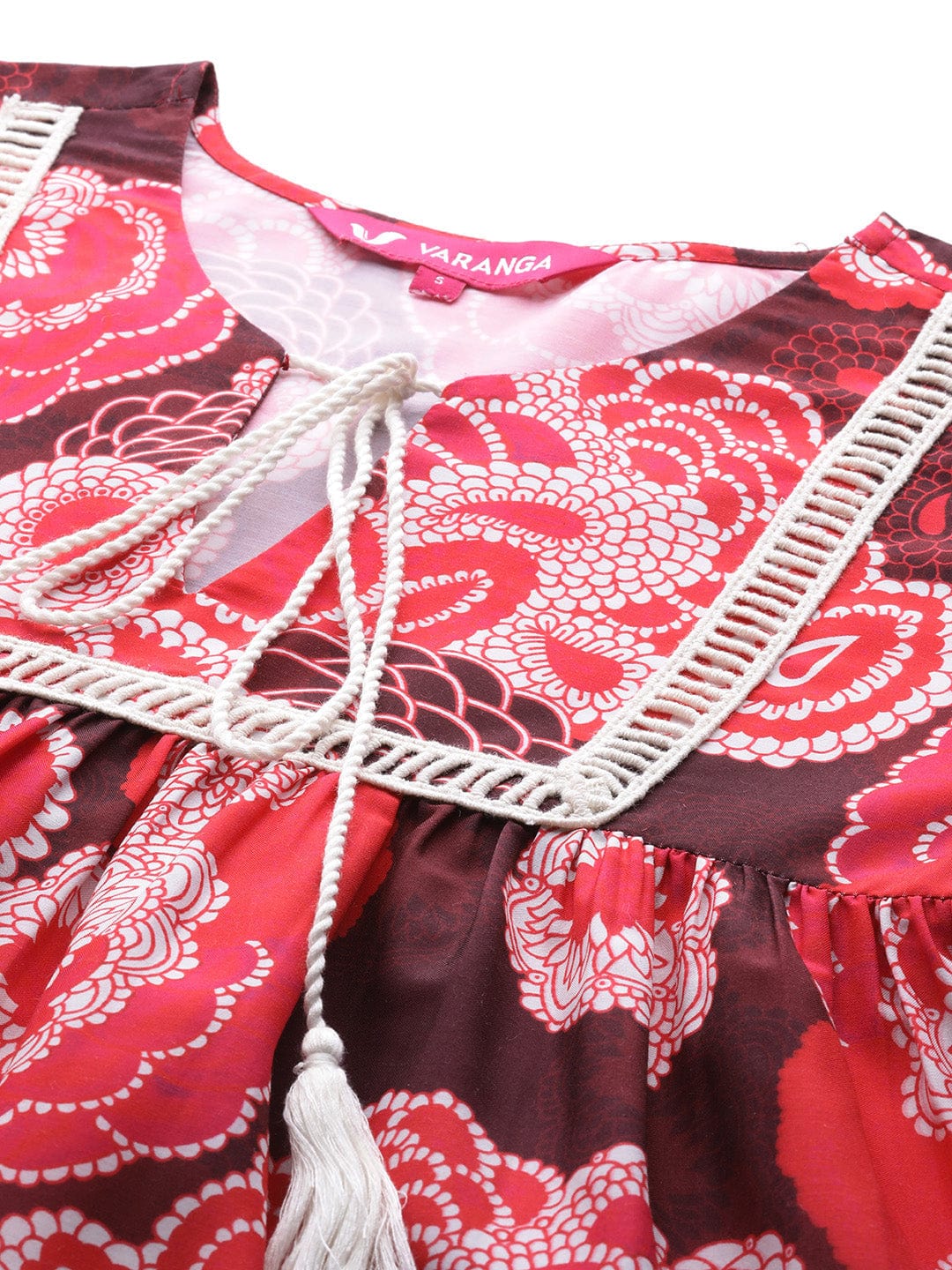 KSUT Women Maroon And Peach Floral Printed Lace Detail Tiered Dress