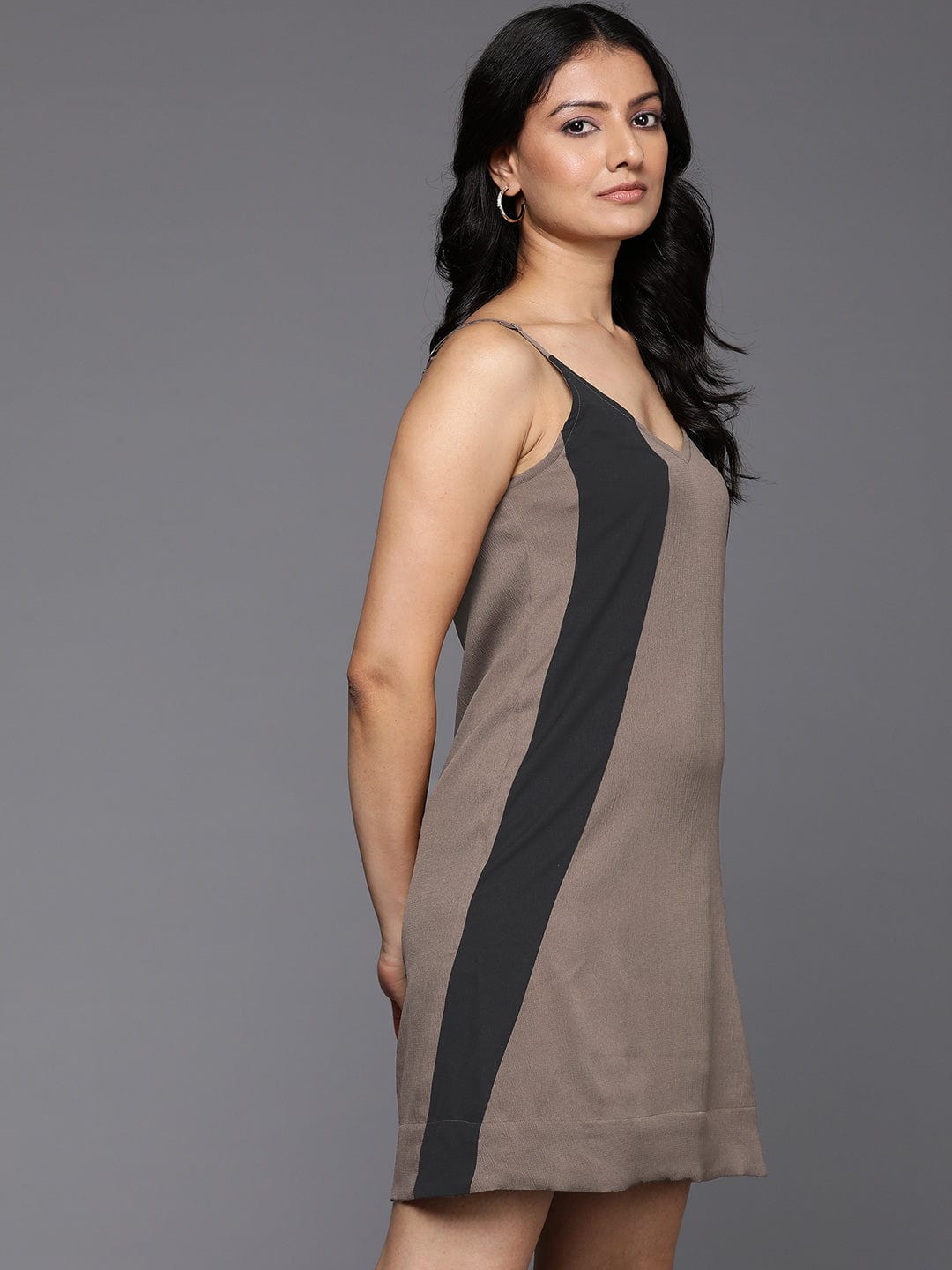 The Kurti Collection Women Camel Brown & Black V-Neck Strap Style A-Line Dress