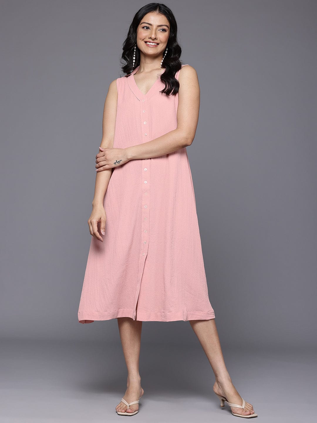 The Kurti Collection Women Peach Front Placket Deatiled A-Line Dress