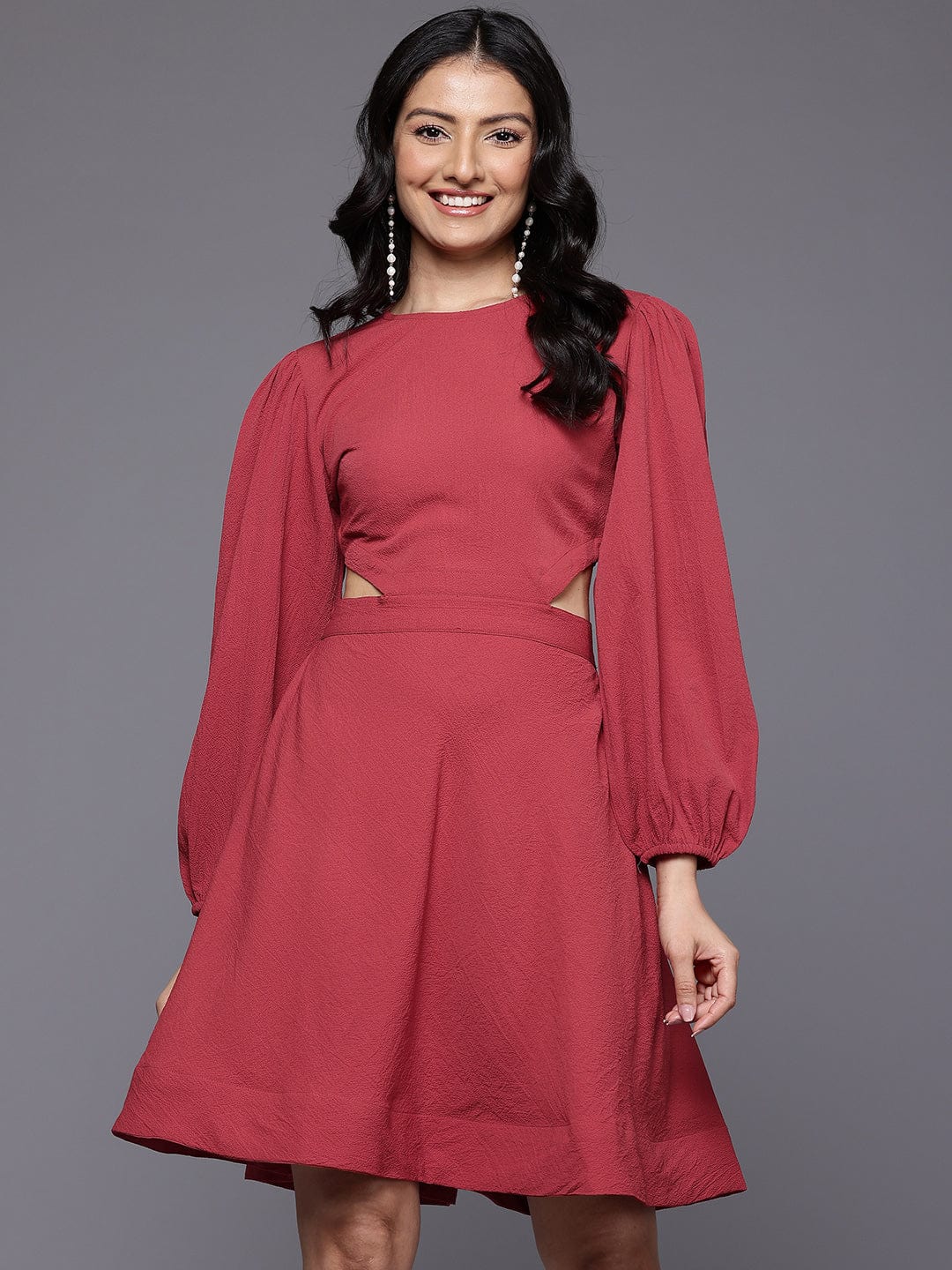 The Kurti Collection Women Rust Round Neck, Cut-Out Detail On Waist, Knee Length Dress