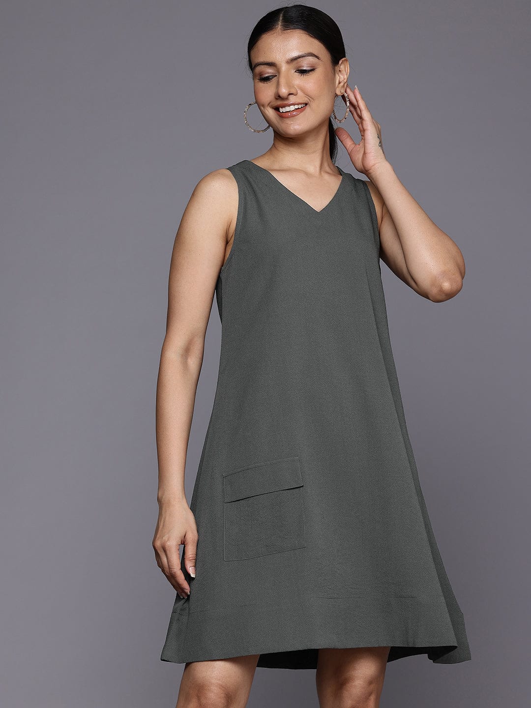 The Kurti Collection Women Grey Pocket Detailed A-Line Dress