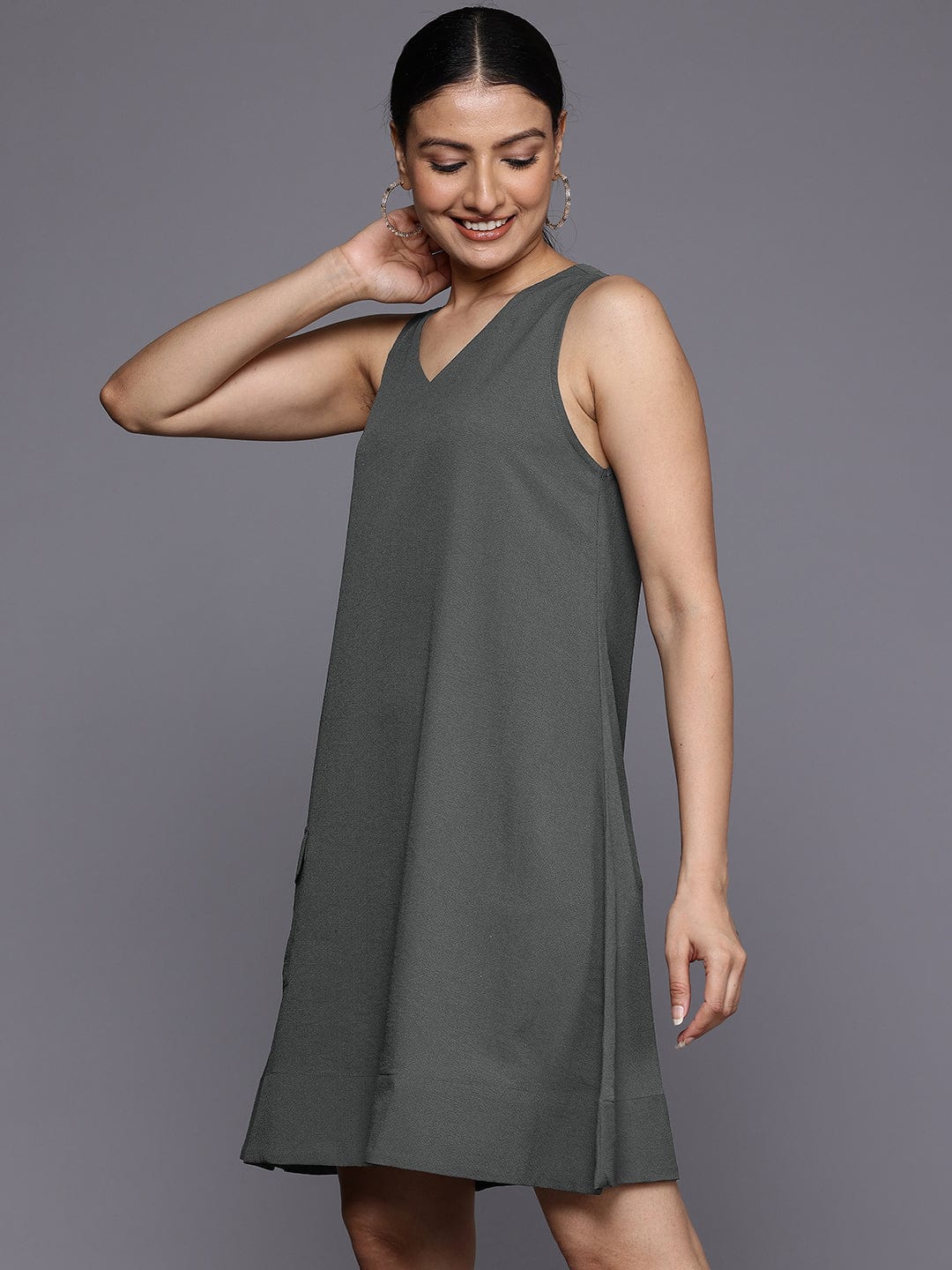 The Kurti Collection Women Grey Pocket Detailed A-Line Dress
