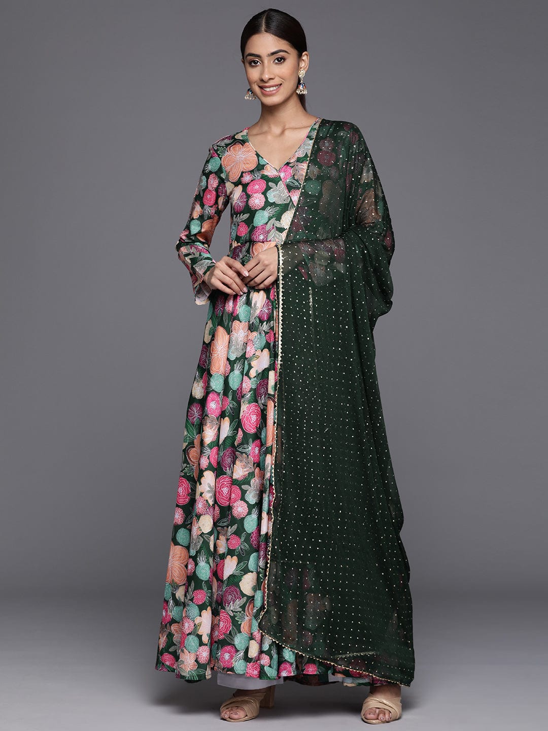 KSUT WomenWomen Green Floral Printed Angrakha Style Anarkali Kurta Paired With Dupatta