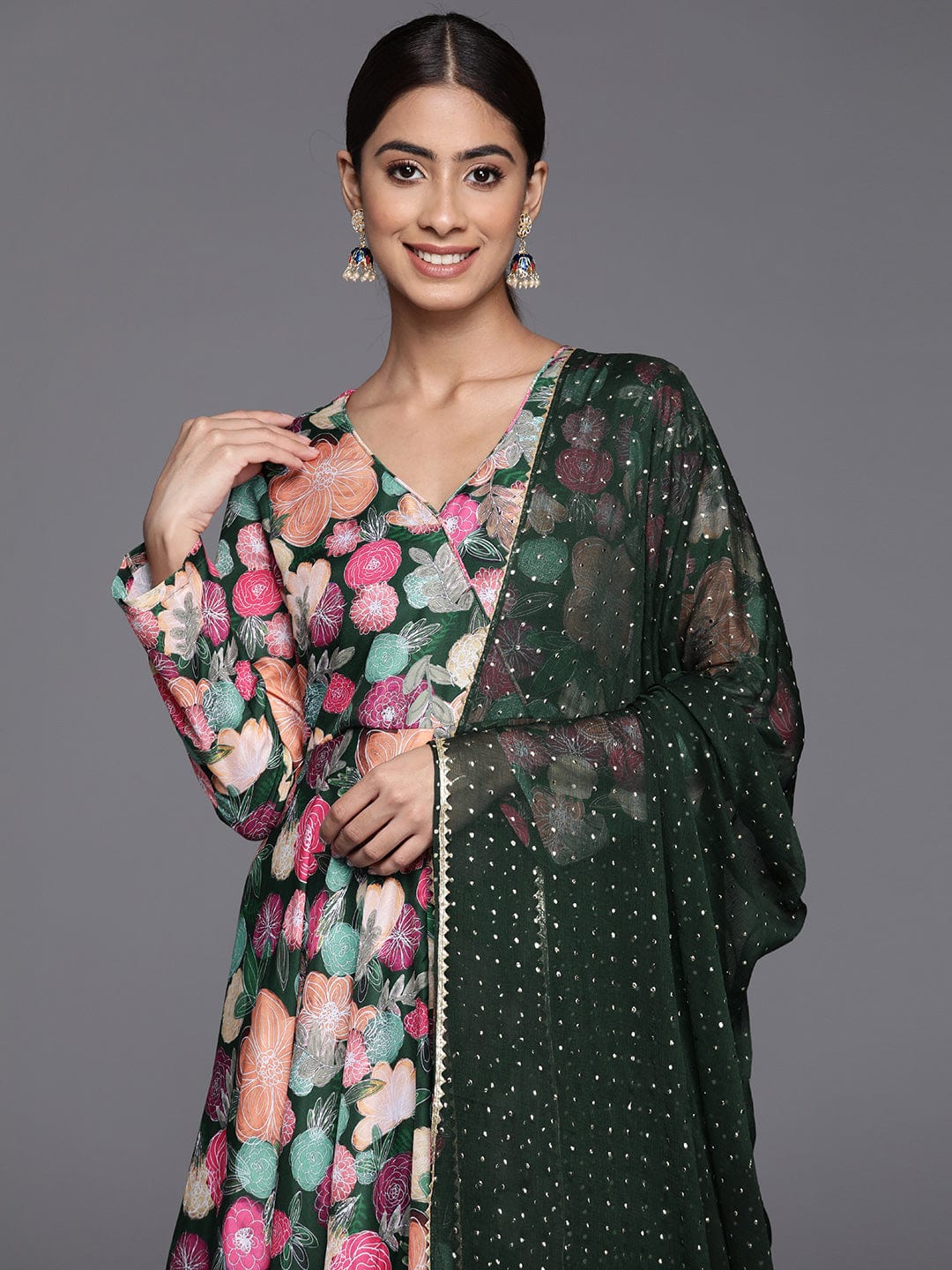 KSUT WomenWomen Green Floral Printed Angrakha Style Anarkali Kurta Paired With Dupatta