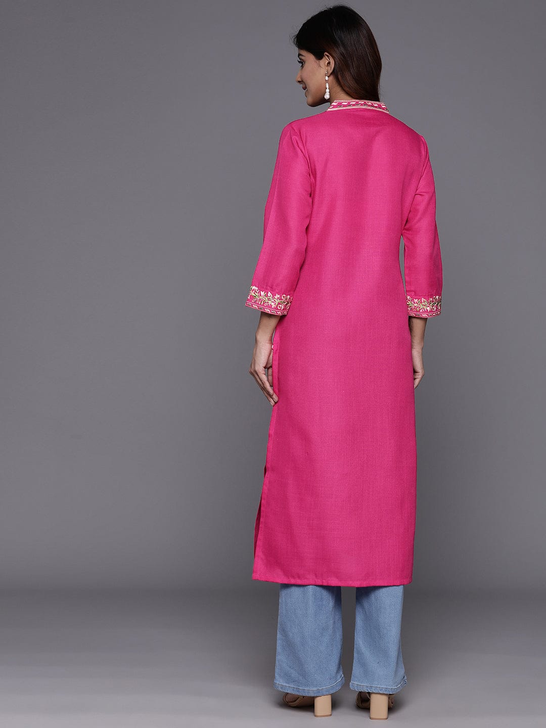 The Kurti Collection Women Fuchsia Thread Embroidered Kurta