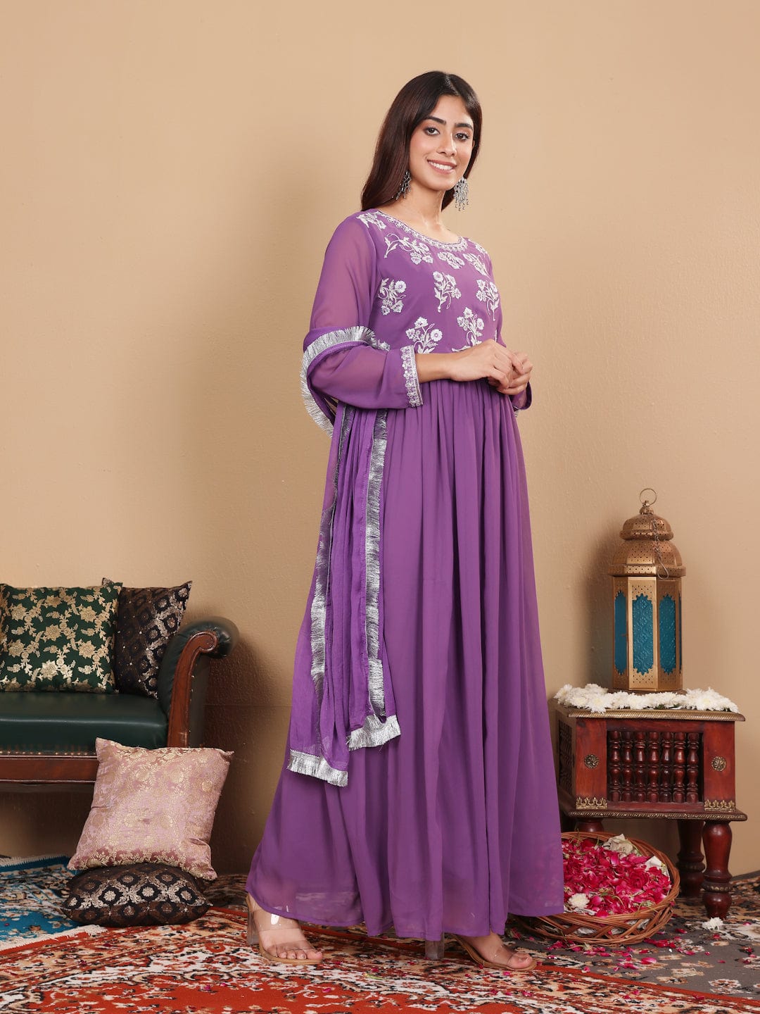 The Kurti Collection Women Lavender Zari Thread Embroidered Flared Kurta with Dupatta