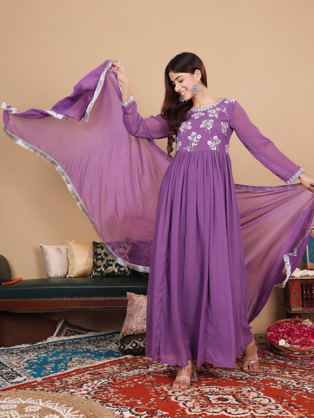 The Kurti Collection Women Lavender Zari Thread Embroidered Flared Kurta with Dupatta
