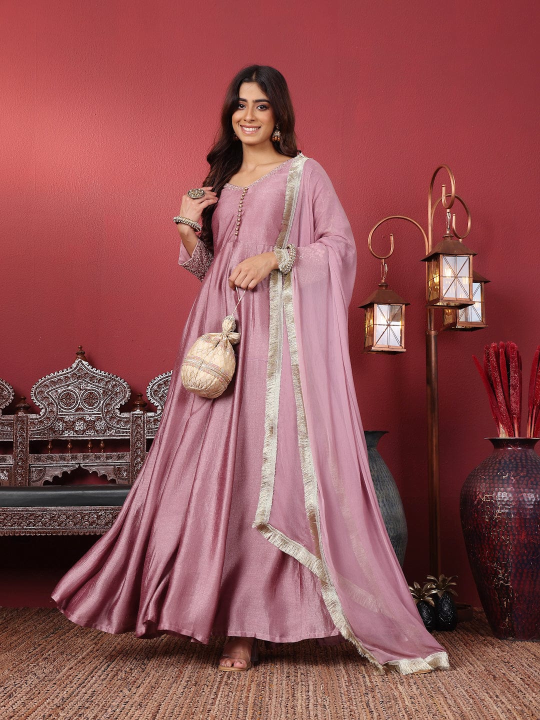 The Kurti Collection Women Mauve V Neck Embroidered Kurta with Tonal Sequence Net Dupatta