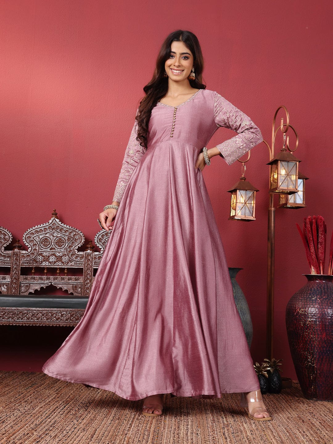 The Kurti Collection Women Mauve V Neck Embroidered Kurta with Tonal Sequence Net Dupatta