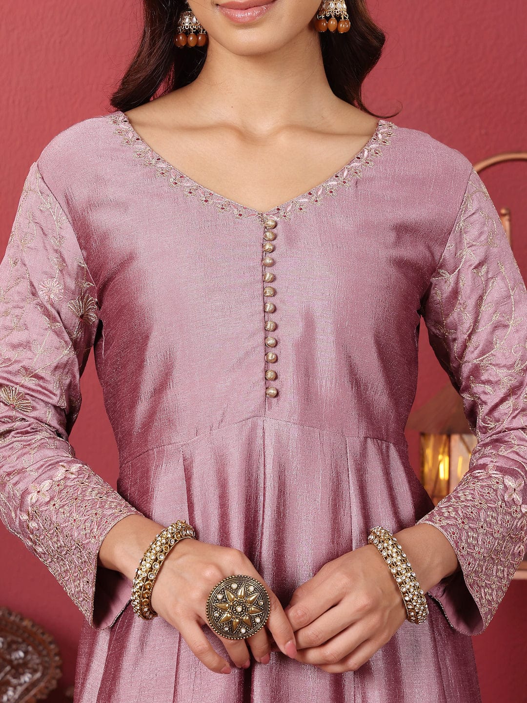 The Kurti Collection Women Mauve V Neck Embroidered Kurta with Tonal Sequence Net Dupatta