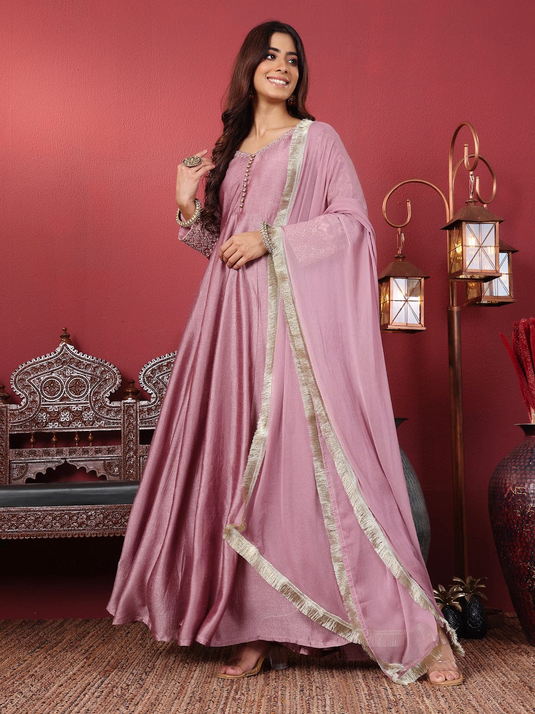 The Kurti Collection Women Mauve V Neck Embroidered Kurta with Tonal Sequence Net Dupatta