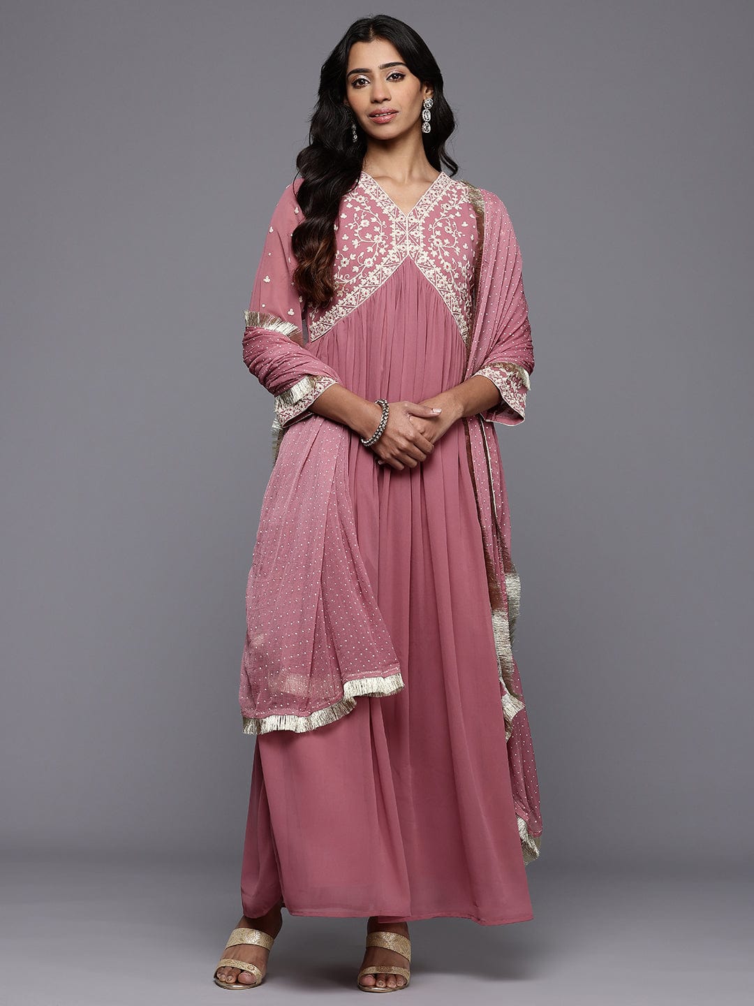 The Kurti Collection Women Mauve V Neck with Dori and Zari Embroidered Anarkali Kurta with Dupatta