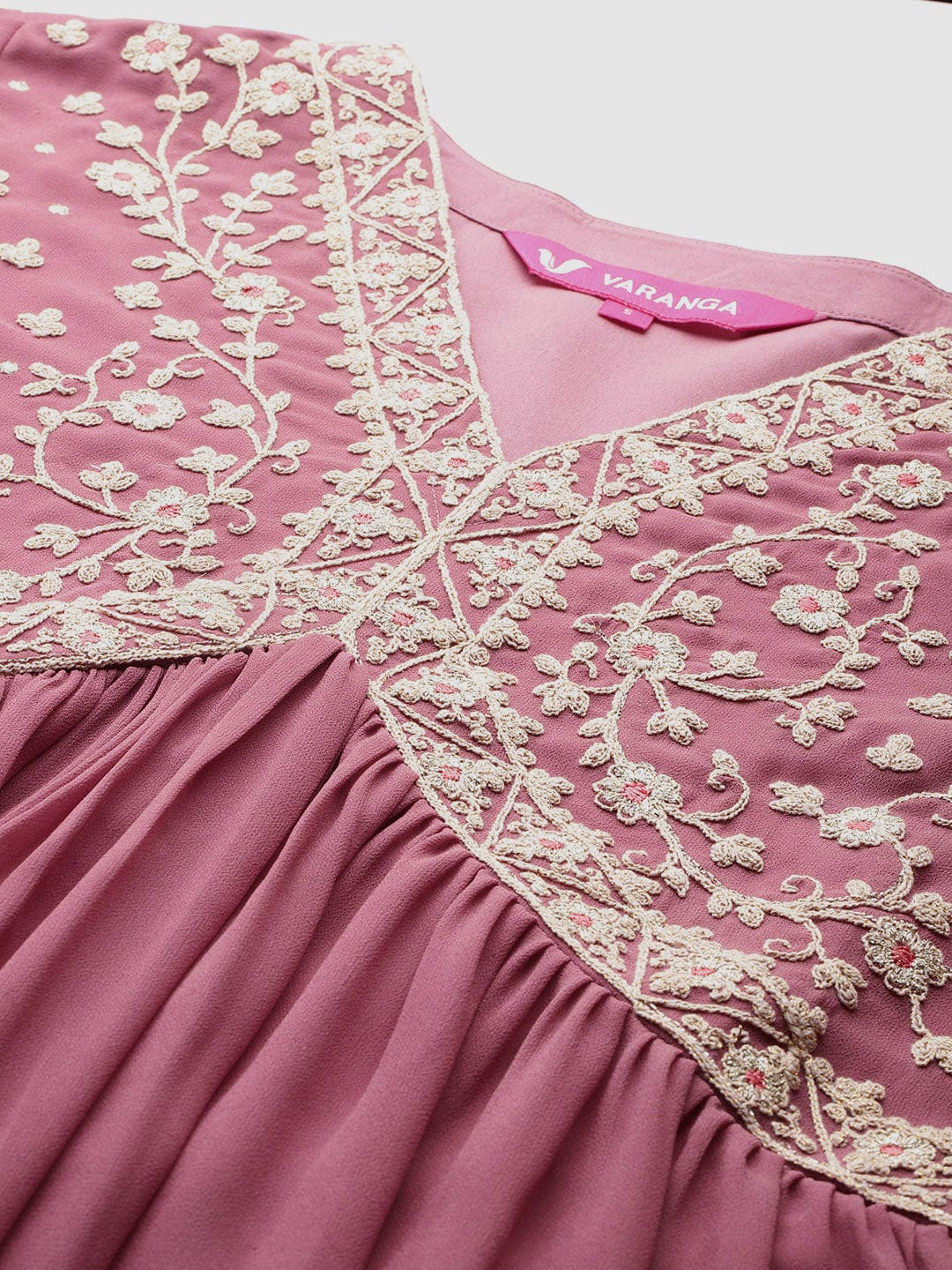 The Kurti Collection Women Mauve V Neck with Dori and Zari Embroidered Anarkali Kurta with Dupatta