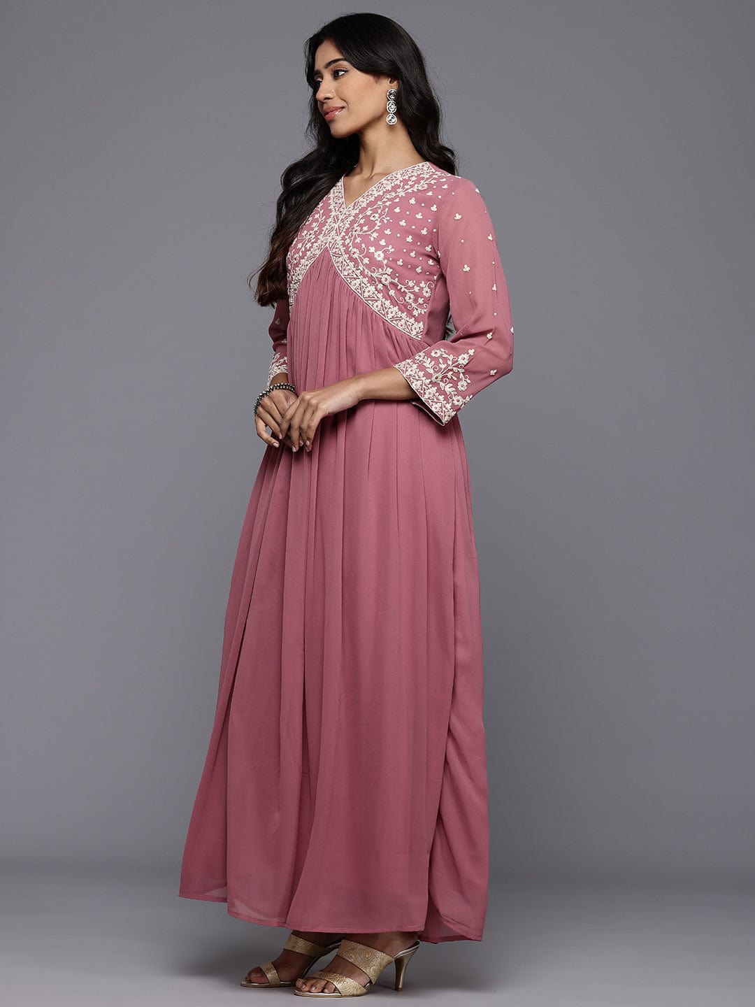 The Kurti Collection Women Mauve V Neck with Dori and Zari Embroidered Anarkali Kurta with Dupatta