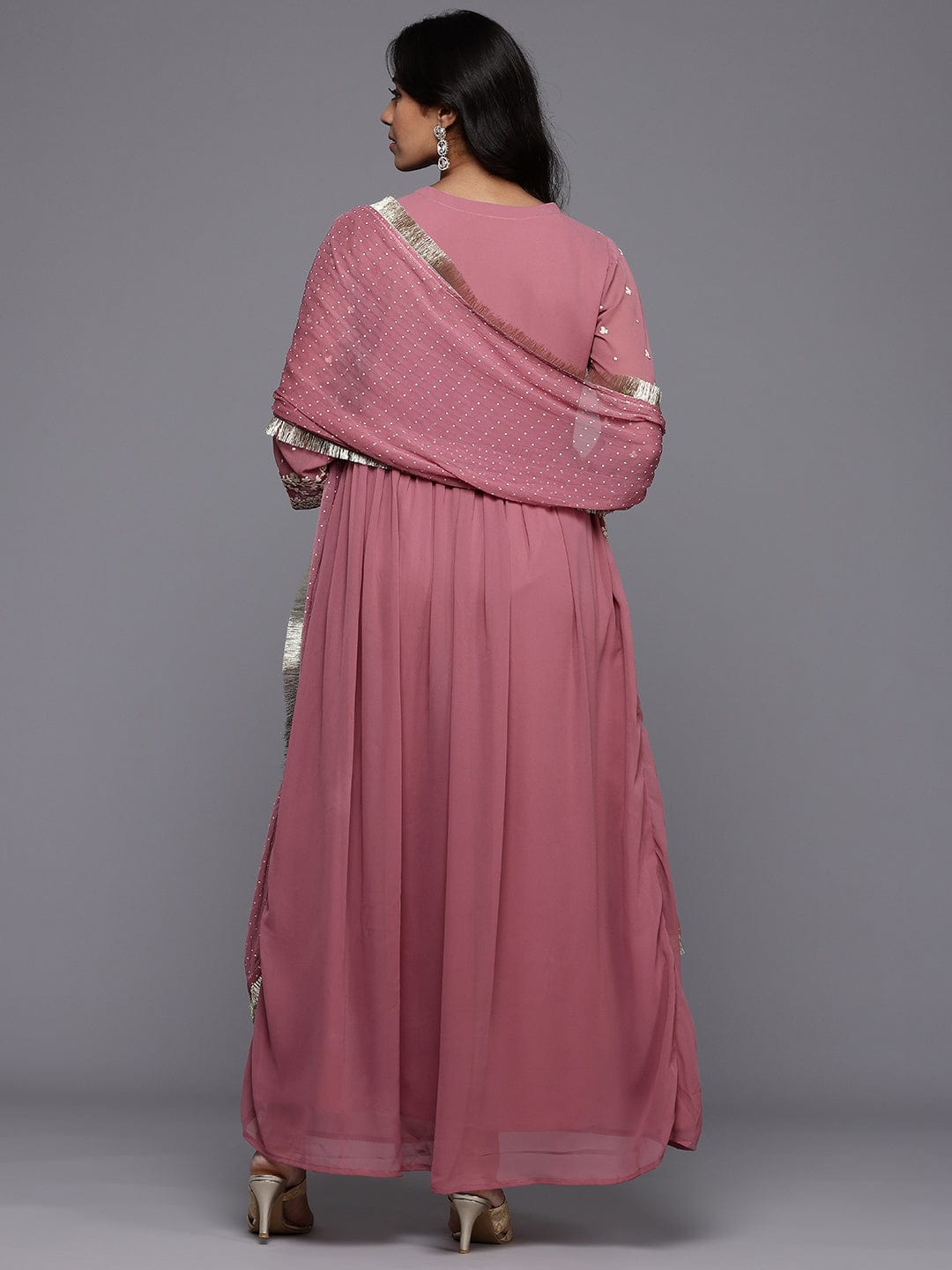 The Kurti Collection Women Mauve V Neck with Dori and Zari Embroidered Anarkali Kurta with Dupatta