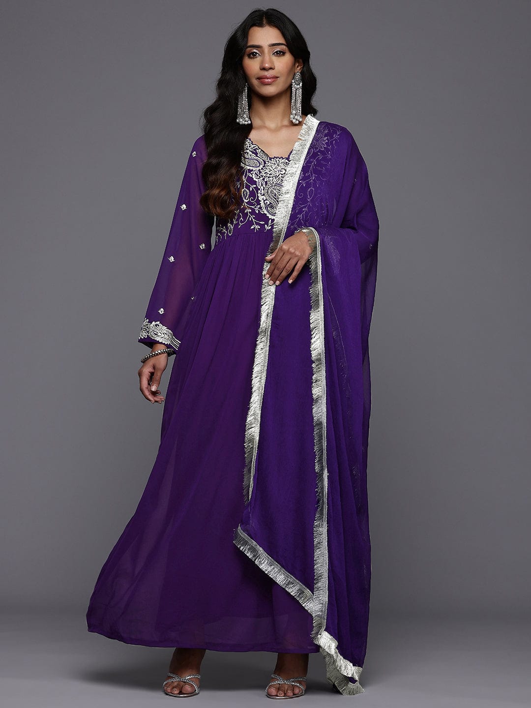 The Kurti Collection Women Purple V Scalloped Neck with Zari and Thread Embroidered Anarkali Kurta with Dupatta
