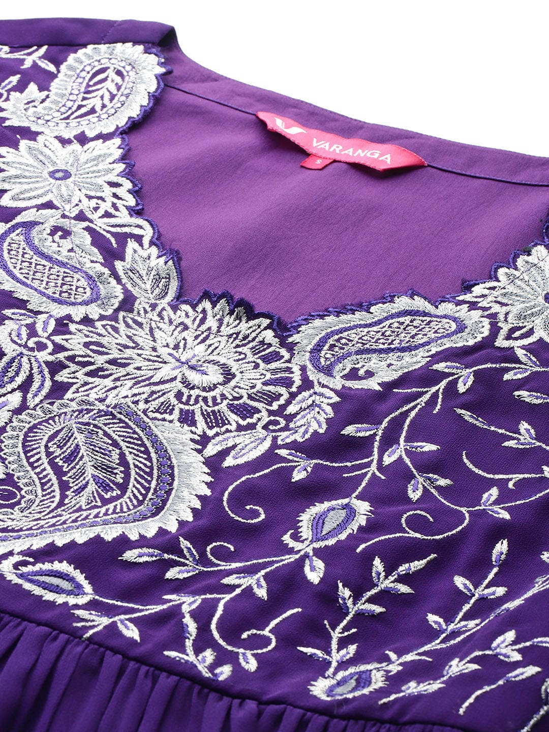 The Kurti Collection Women Purple V Scalloped Neck with Zari and Thread Embroidered Anarkali Kurta with Dupatta