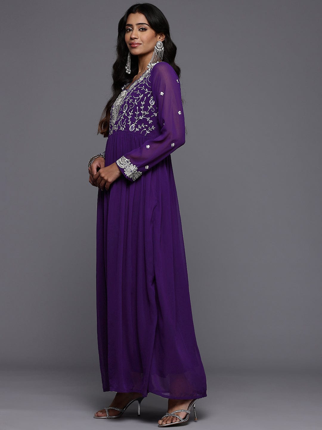 The Kurti Collection Women Purple V Scalloped Neck with Zari and Thread Embroidered Anarkali Kurta with Dupatta