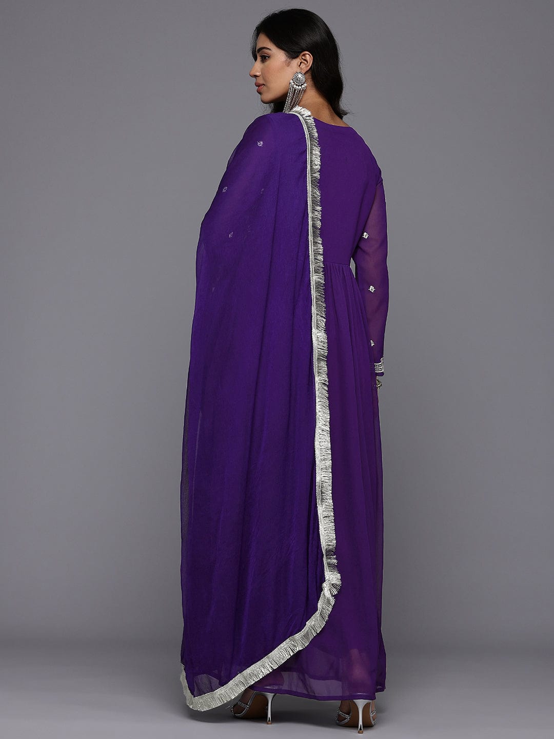 The Kurti Collection Women Purple V Scalloped Neck with Zari and Thread Embroidered Anarkali Kurta with Dupatta