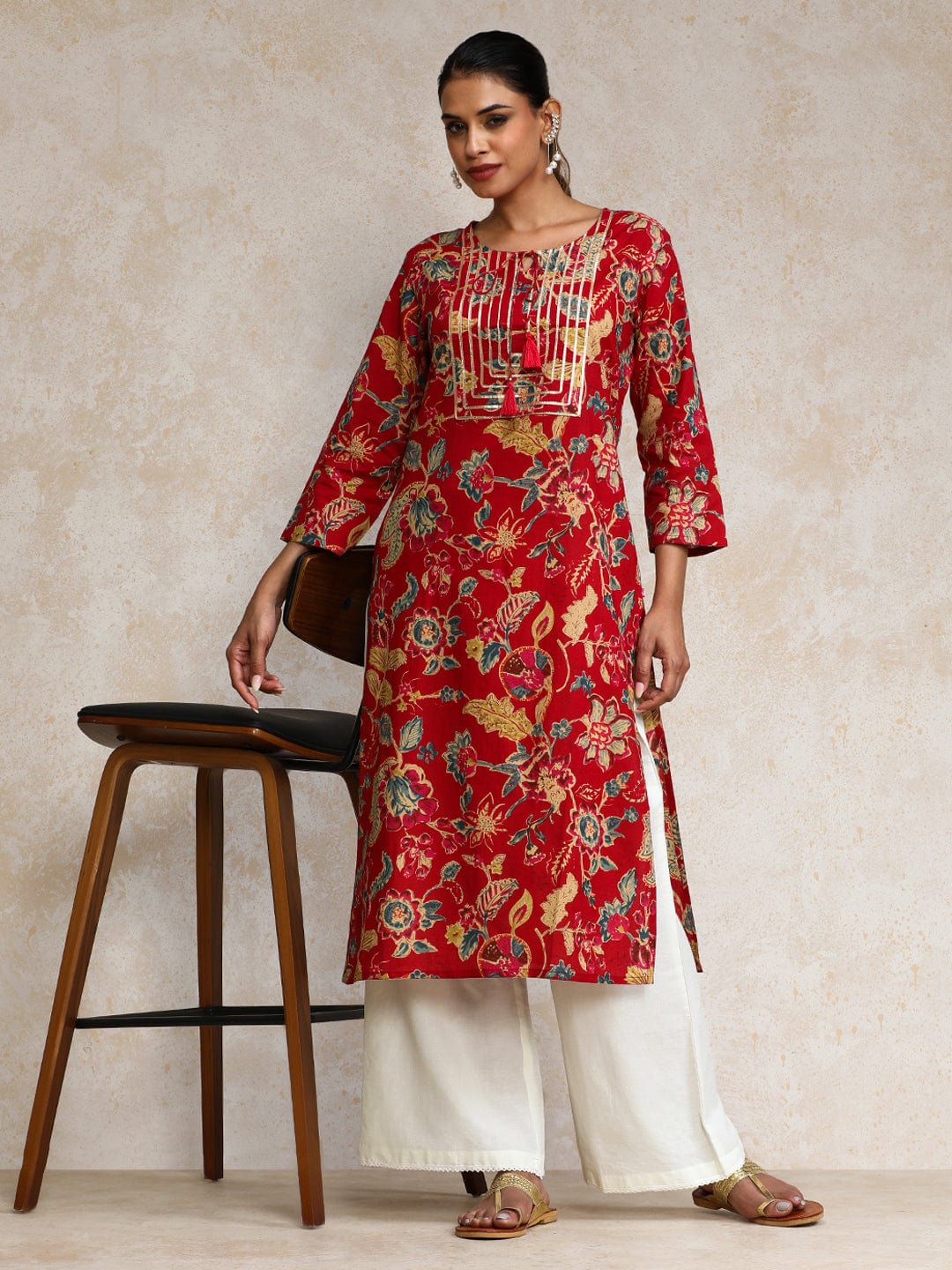 The Kurti Collection Women Bold Floral Printed With Lace gota patti Detailed Yoke Kurta