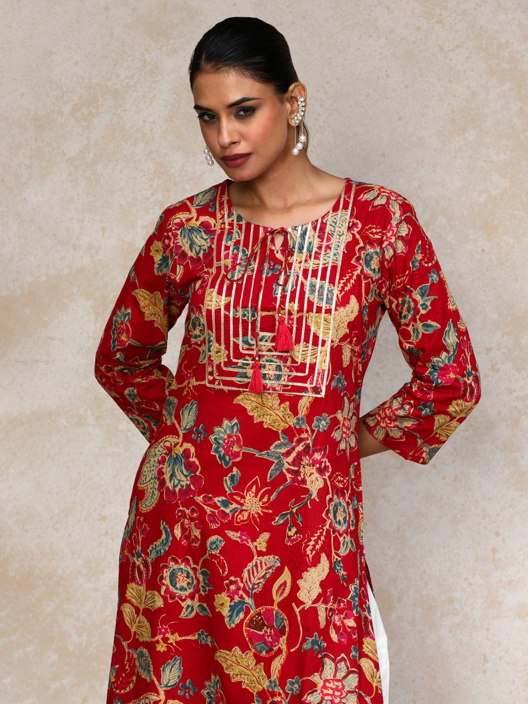 The Kurti Collection Women Bold Floral Printed With Lace gota patti Detailed Yoke Kurta