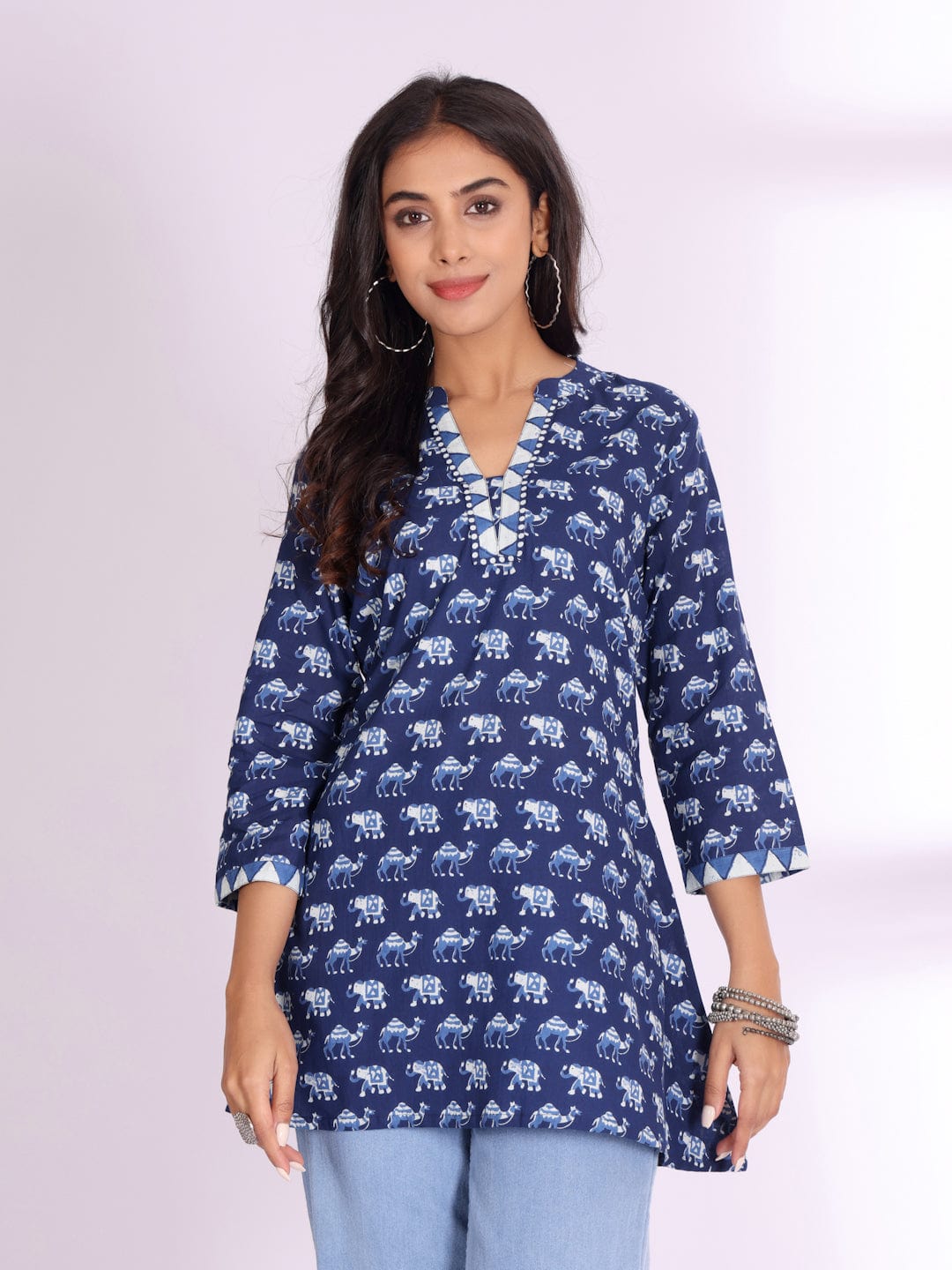 The Kurti Collection Women Handblock Printed Mandarin Collar Short Tunic