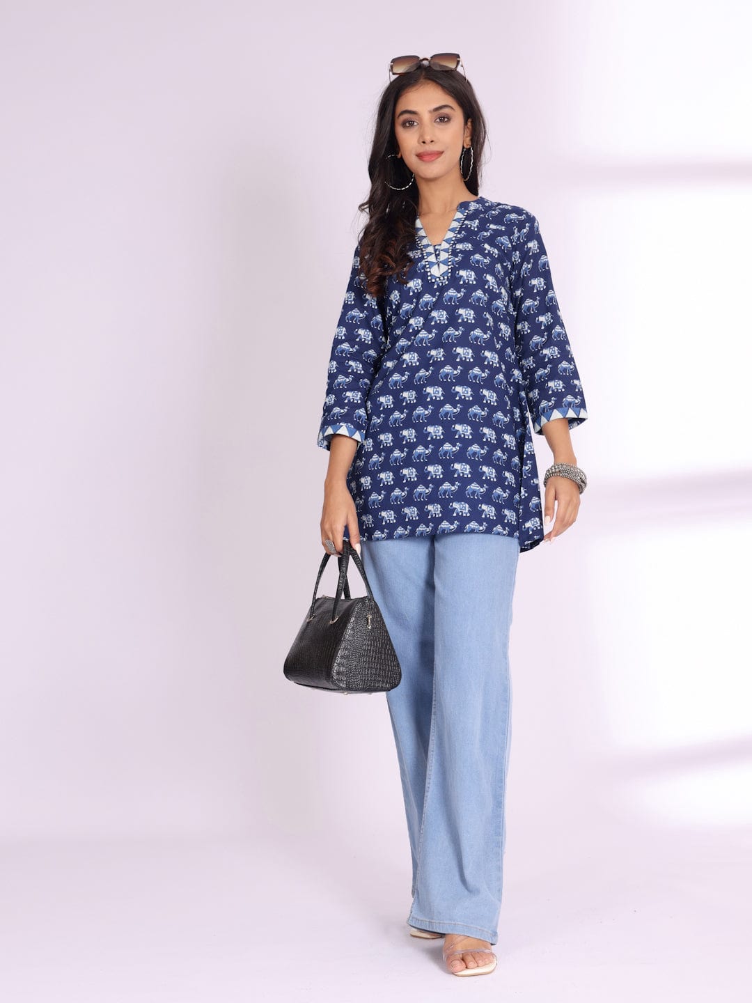 The Kurti Collection Women Handblock Printed Mandarin Collar Short Tunic