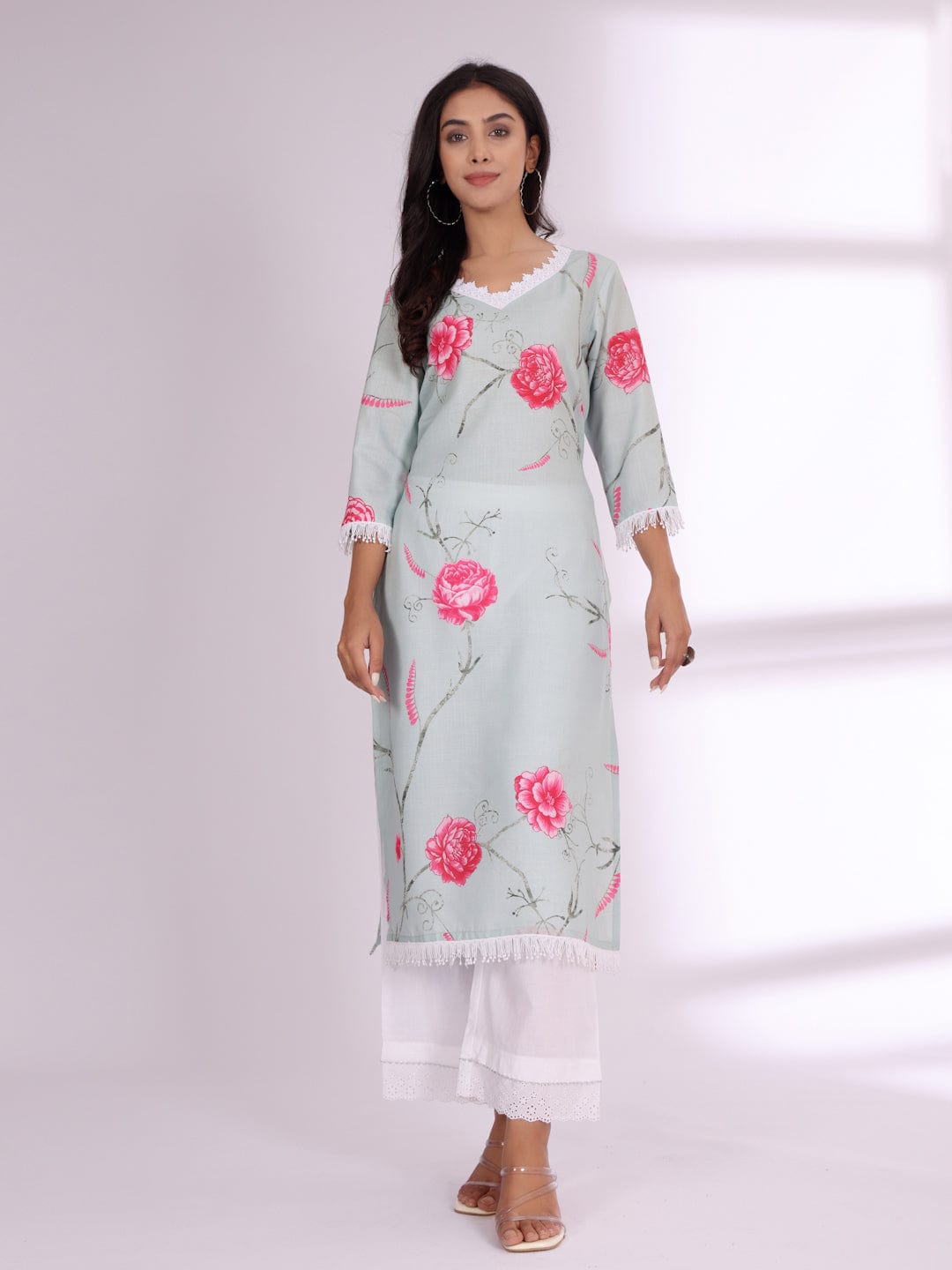 The Kurti Collection Women Floral Printed Lace Detail Straight Kurta