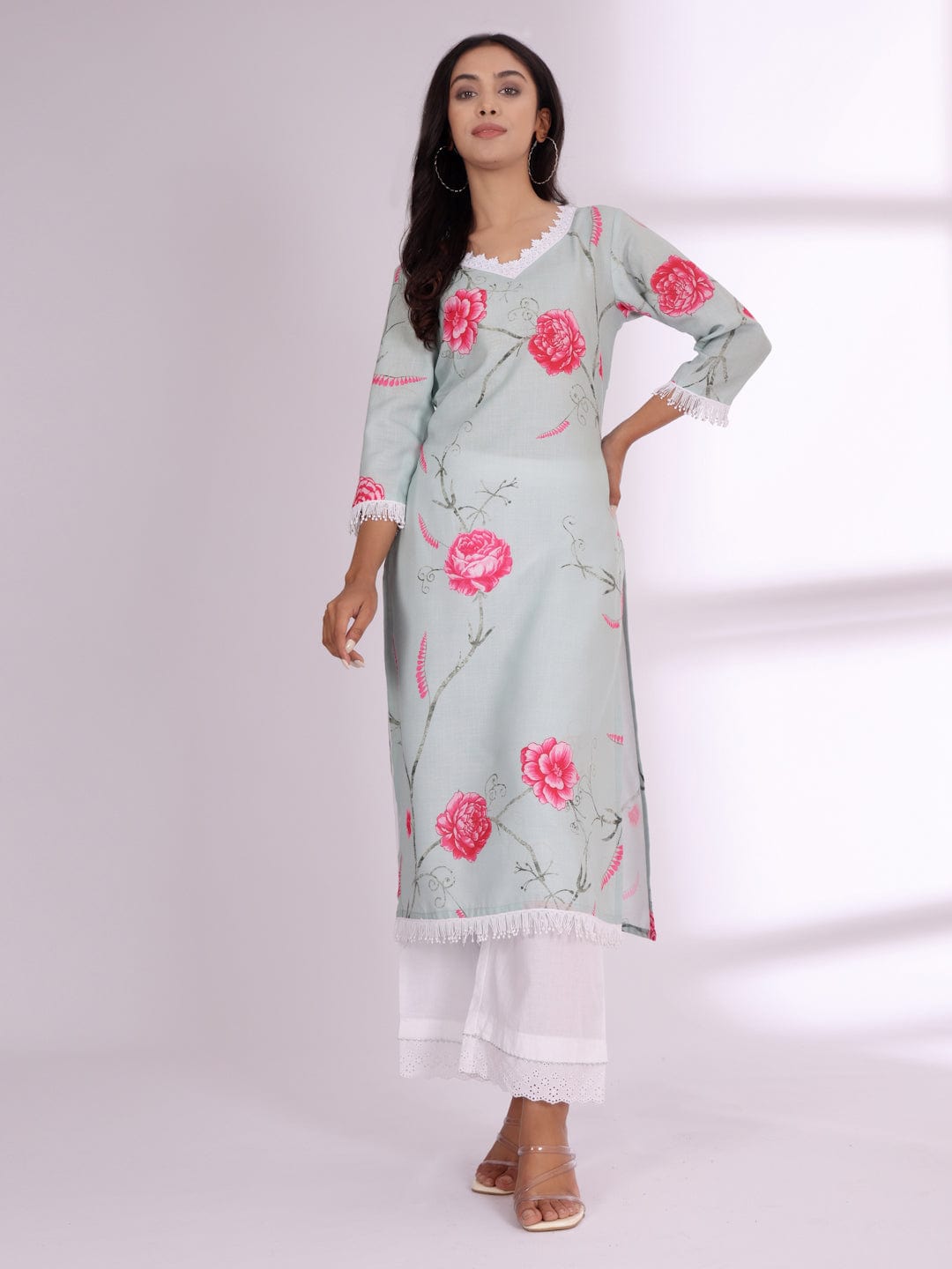The Kurti Collection Women Floral Printed Lace Detail Straight Kurta