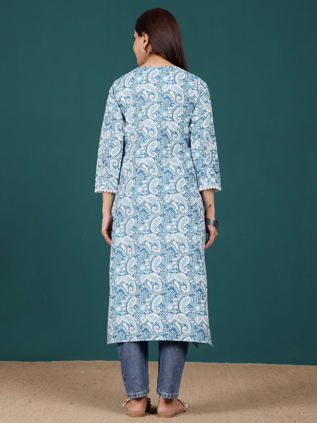 The Kurti Collection Women Paisely Printed V Neck Lace Detailed Kurta